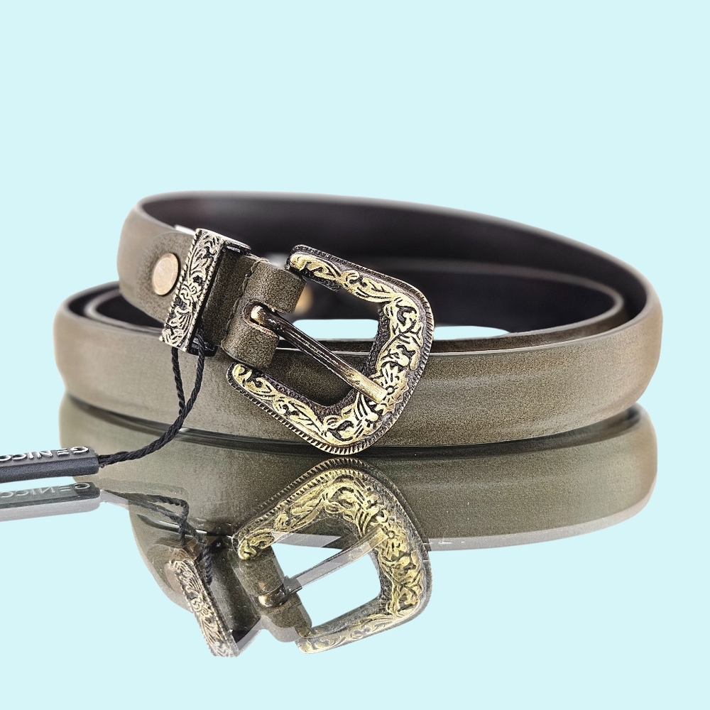 Genicci Belt Olive 0.75" Buffalo Leather Smooth Texas Buckle Western Adjustable